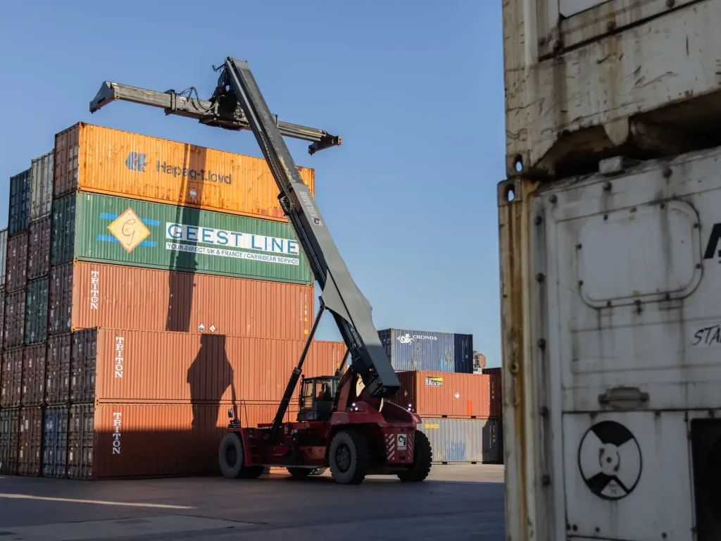 Shipping containers at Portico Portsmouth, a deep-water cargo terminal near main shipping channels in the South of England.