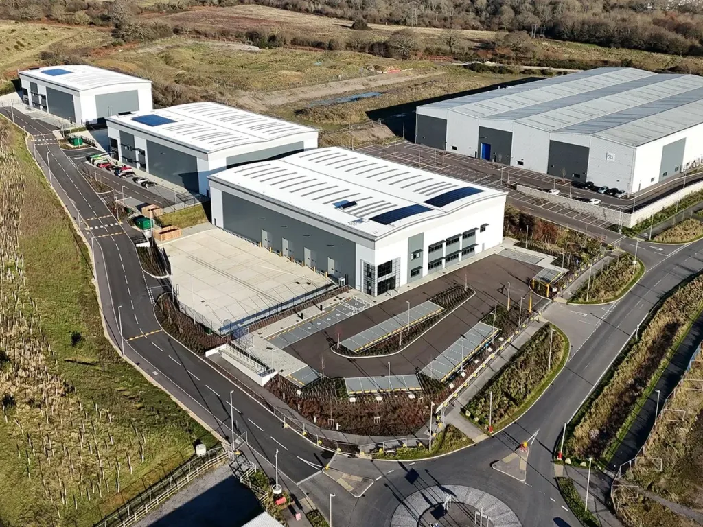 Overhead view of warehouses at Dunsbury Park, Havant, Portsmouth, showcasing the 100-acre tax site within the Portsmouth Freeport area.